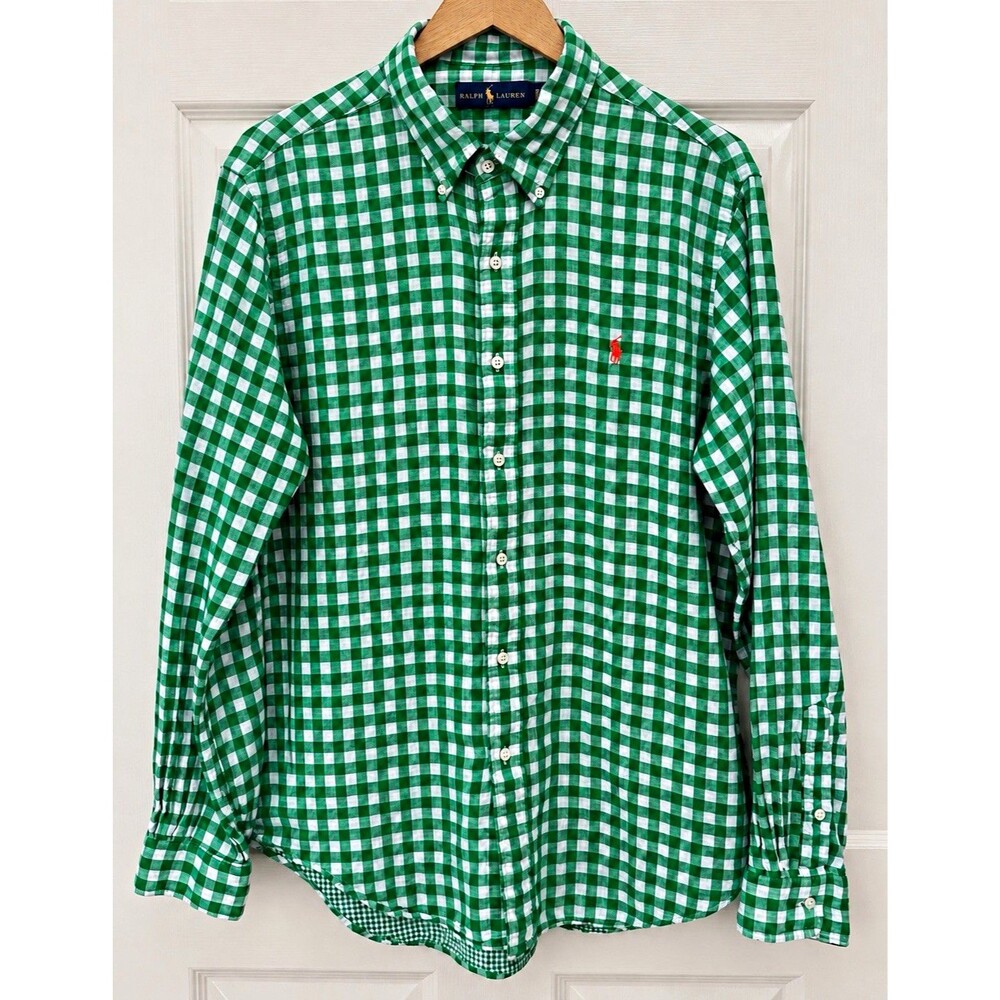Ralph Lauren Men L Green White Gingham Shirt Pony Preppy Christmas Holiday